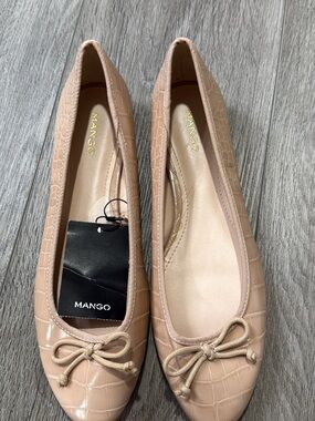 Mango Croc-Embossed Nude Ballet Flats with Bow